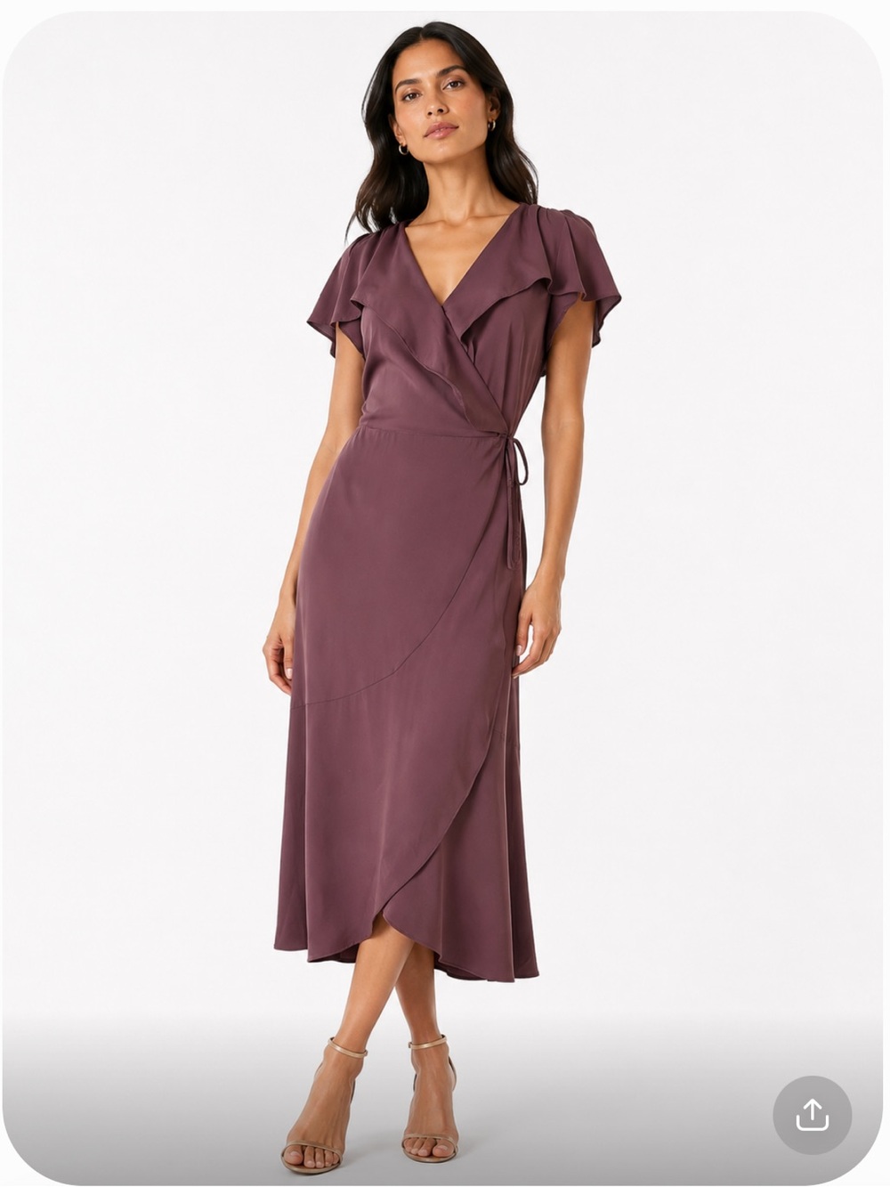 BISHOP + YOUNG Mauve Wrap Midi Dress with Ruffle Sleeves Bridesmaid